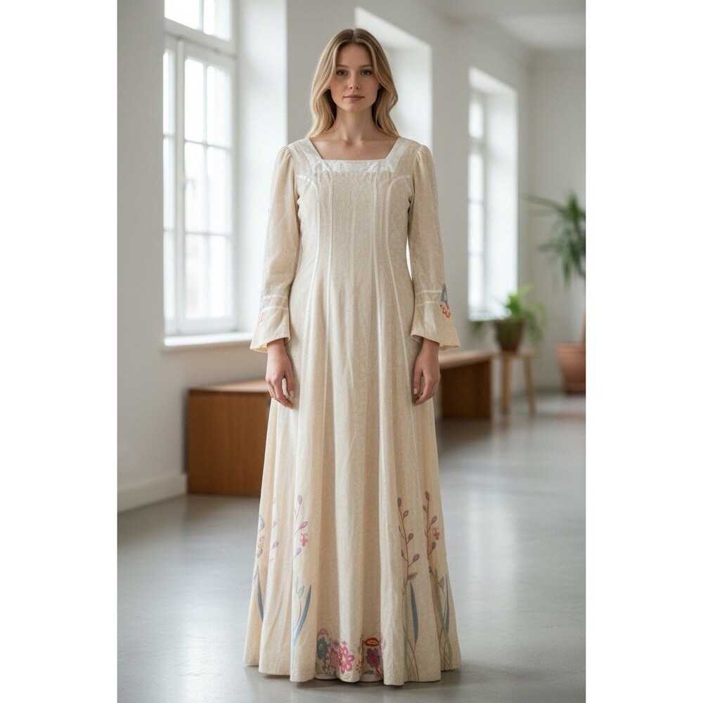Vintage 1970s Mexican JOSEFA Embroidered Maxi Dress Kaftan 100% Cotton Handmade